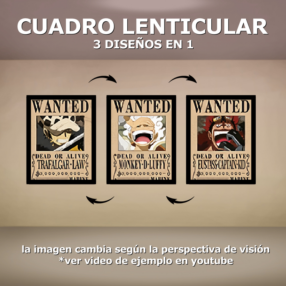 Cuadro Lenticular - One Piece - Se busca Luffy, Kid, Law