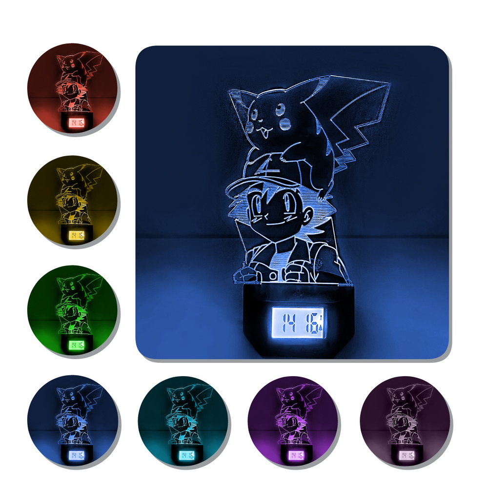 Lámpara Led Ash y Pikachu Base Reloj con Alarma