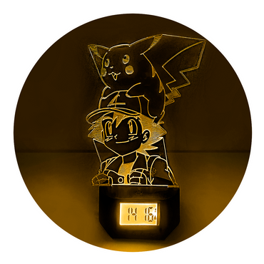 Lámpara Led Ash y Pikachu Base Reloj con Alarma