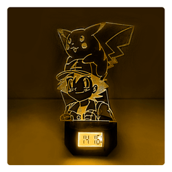Lámpara Led Ash y Pikachu Base Reloj con Alarma