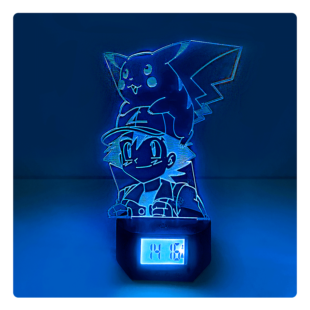 Lámpara Led Ash y Pikachu Base Reloj con Alarma