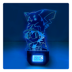 Lámpara Led Ash y Pikachu Base Reloj con Alarma