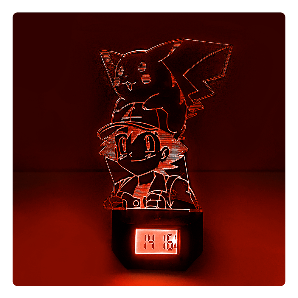 Lámpara Led Ash y Pikachu Base Reloj con Alarma