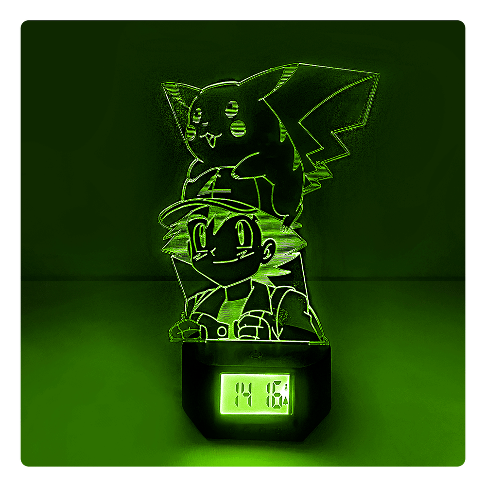 Lámpara Led Ash y Pikachu Base Reloj con Alarma