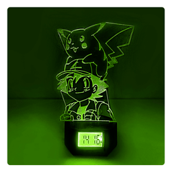 Lámpara Led Ash y Pikachu Base Reloj con Alarma