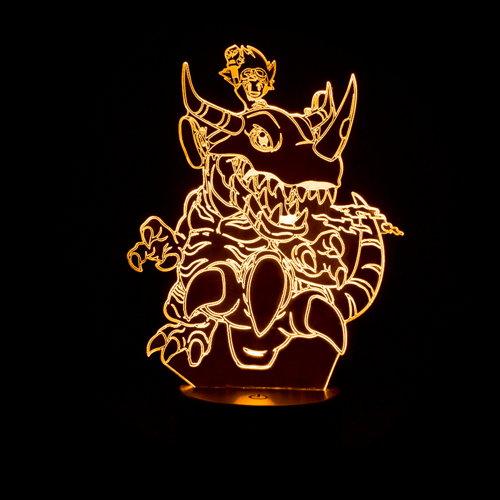 Lámpara Led Tai y Greymon Digimon Base Negra con Aplicación