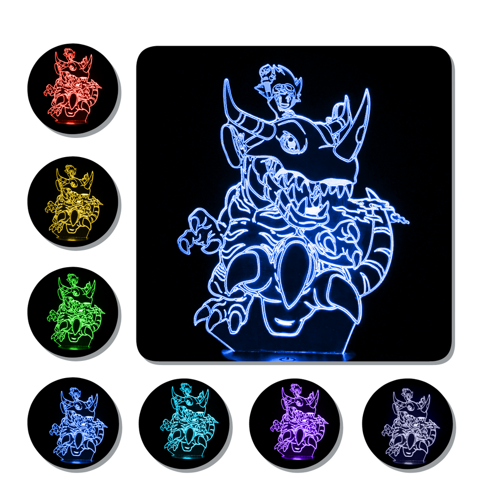 Lámpara Led Tai y Greymon Digimon Base Negra con Aplicación